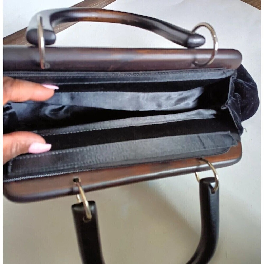 Vintage Style Satchel Purse Wood Handle Black & Multi Colored Beaded Hand Sewn - Picture 6 of 7